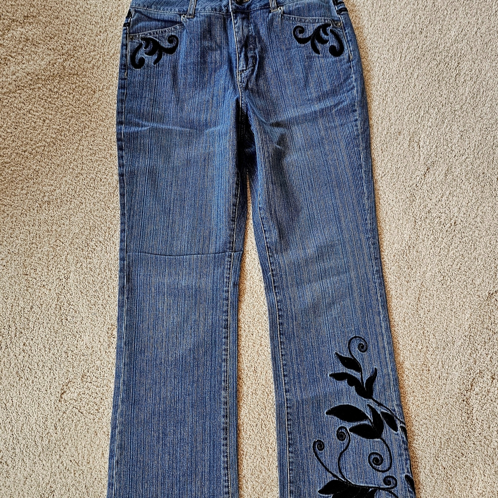 Stylish Blue Women's Jeans with Black Embroidery